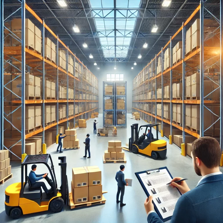 A-warehouse-with-industrial-equipment-and-organized-storage-units.-The-scene-showcases-a-supervisor-reviewing-a-checklist-while-workers-operate